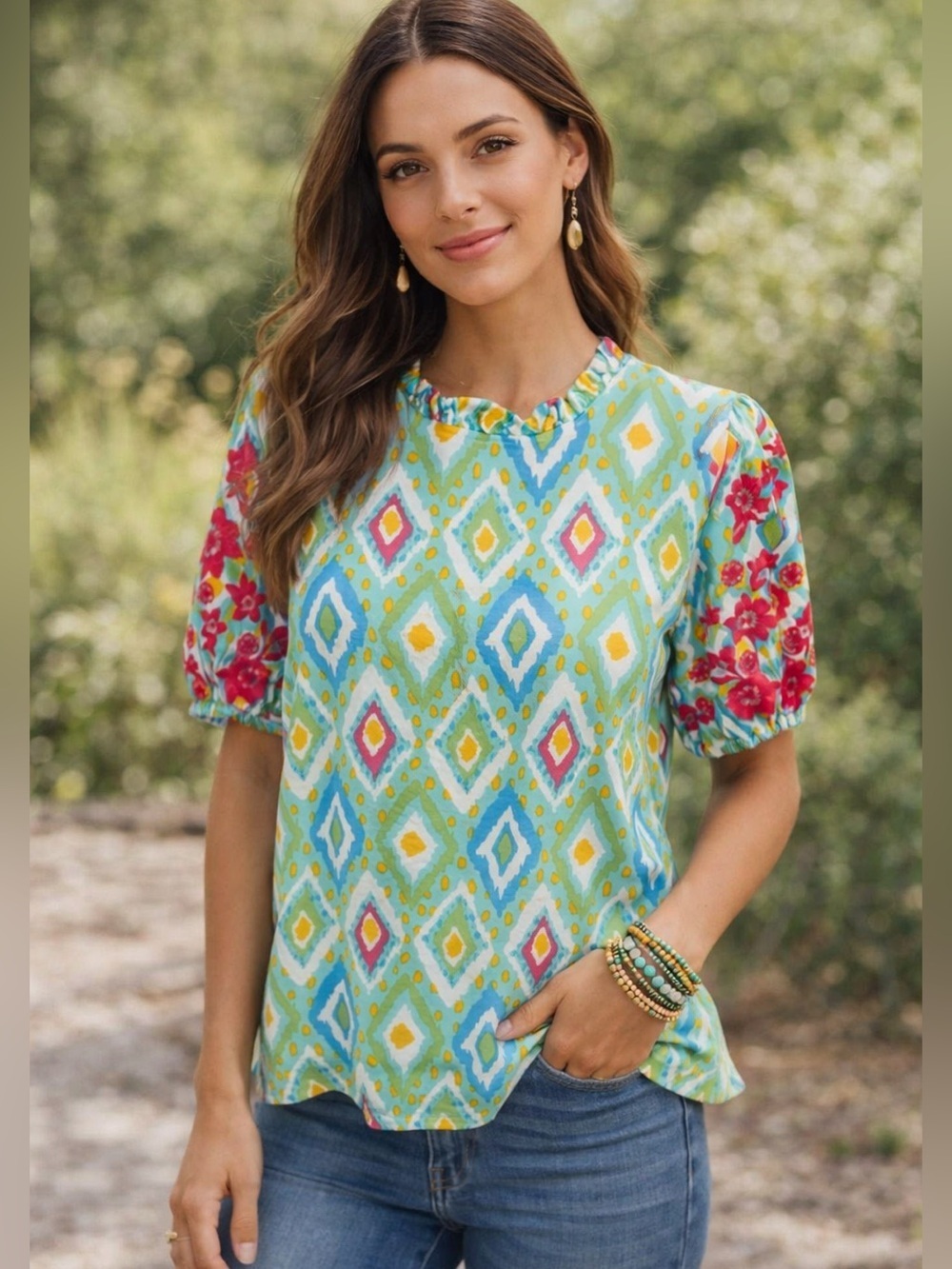 Savanna Jane Embroidered Sz M Floral Top Blue Green Ikat Boho Southwestern